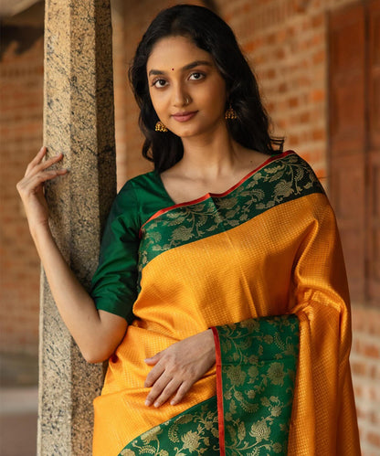 Yellow Flower Lichi Art Silk Saree