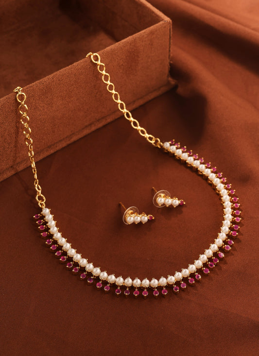 Gold Necklace Set with Pearls Red Beads and Earrings