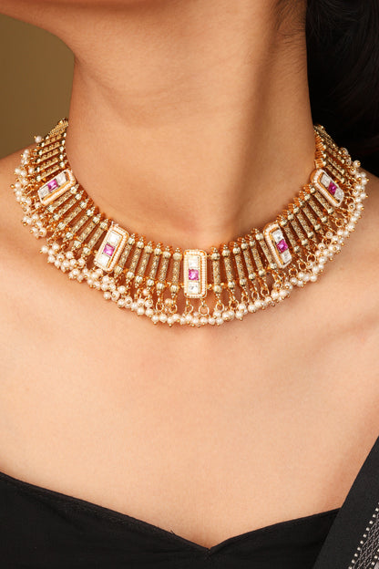 Contemporary Gold Plated Necklace with Arranged Lines and Stone Accents