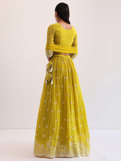 Yellow Embroidered Georgette Haldi Wear Lehenga Choli