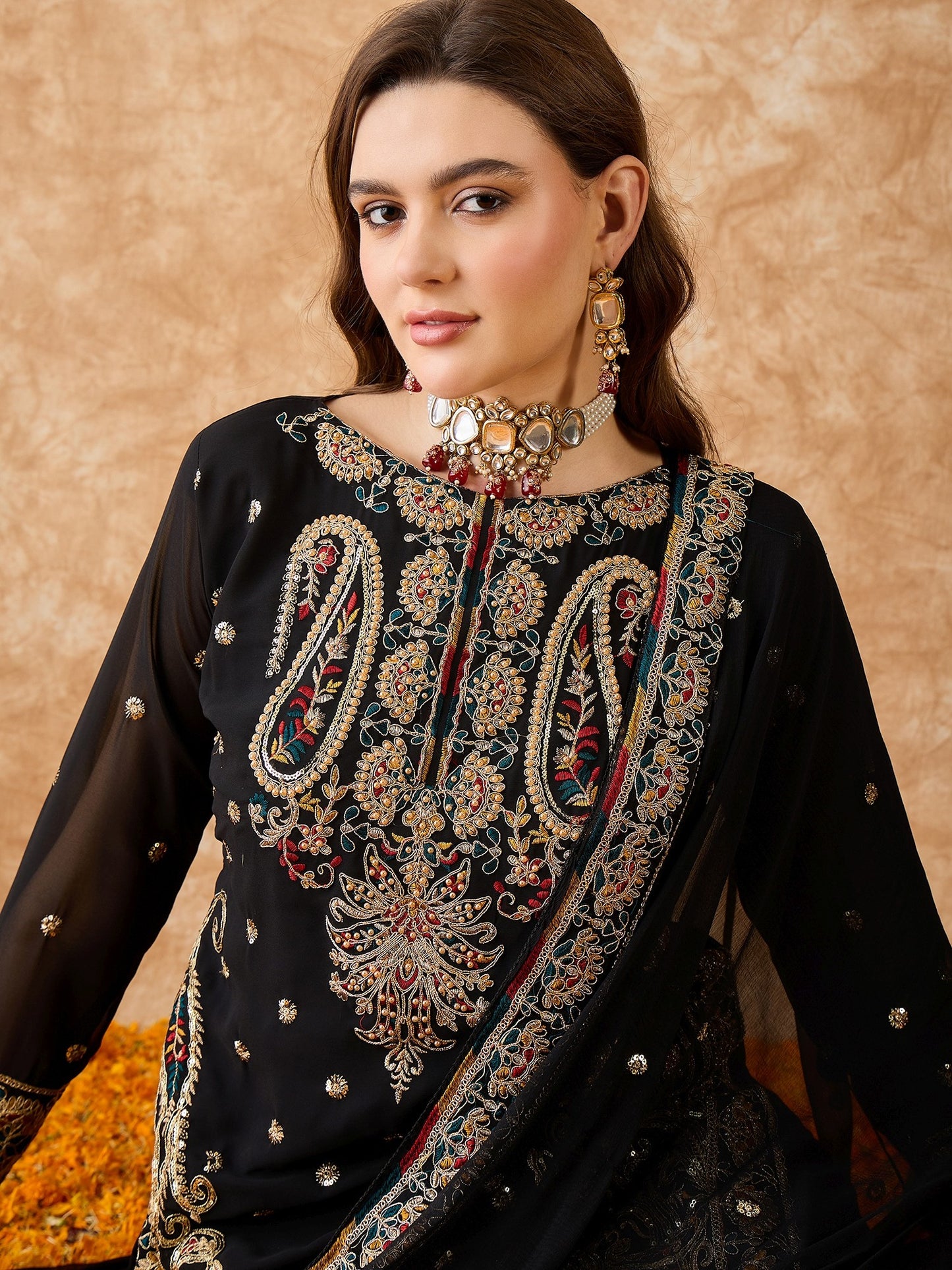 Semi Stitched Pakistani Suit in Black Georgette