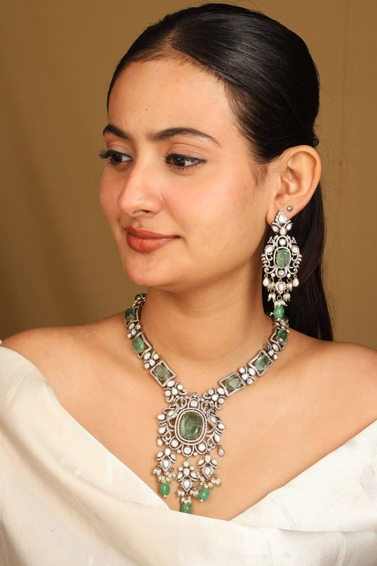 American Diamond Necklace Set with Emeralds