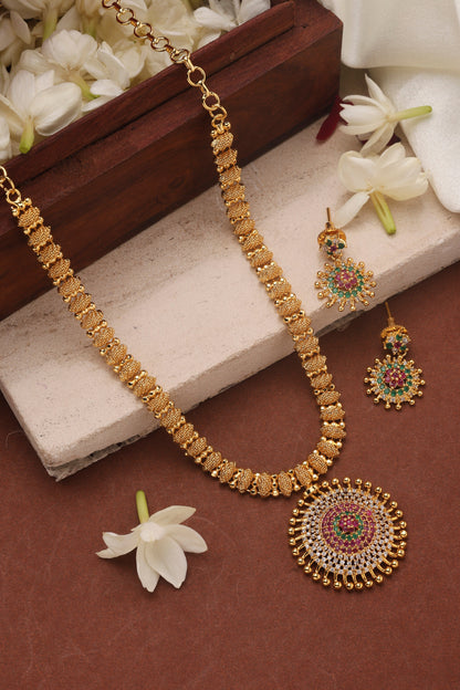 Gold Plated Necklace with Round American Diamond Stone Studded Pendant