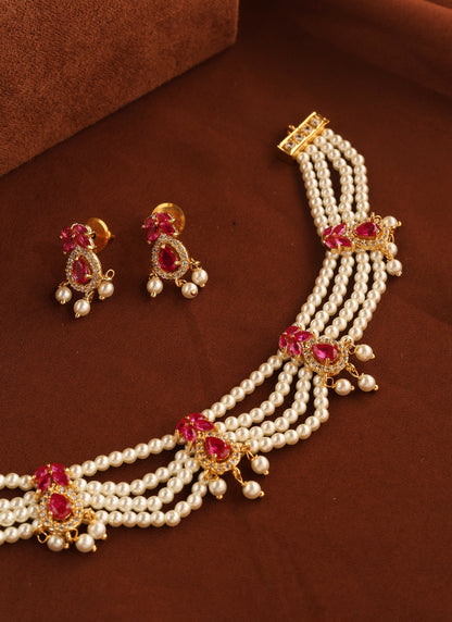 Pearl Necklace with Pink Stones and Gold Detailing