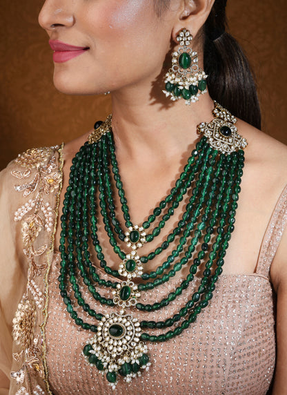 Layered Maharani Haar Necklace with Green Beads and Kundan Stone Pendant