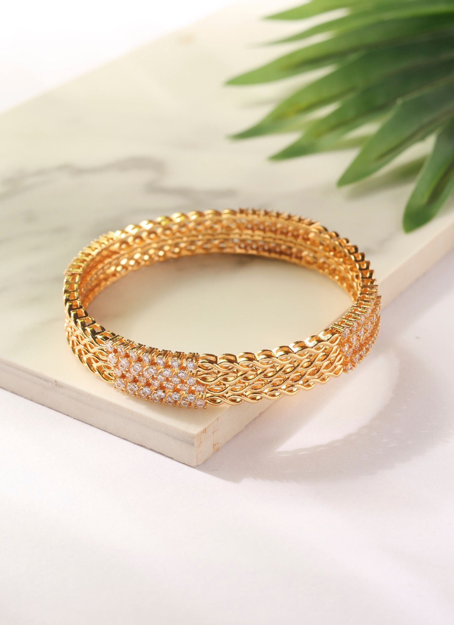 Gold Bangles with American Diamond Center Detailing - Set of two