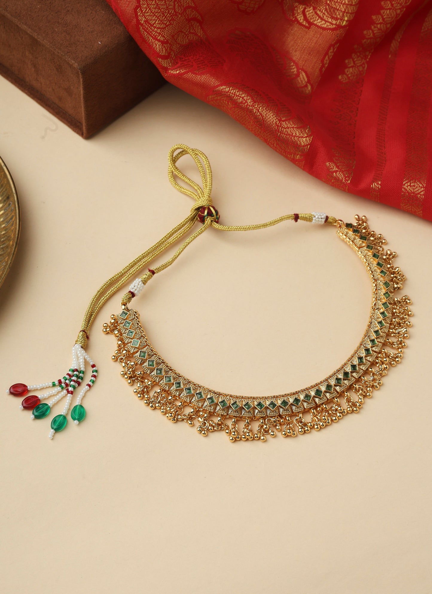 Elegant Kundan Choker Set with Green Beaded Detailing