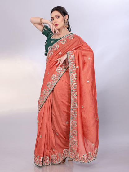 Rust Orange Art Silk Saree with Embroidered Border