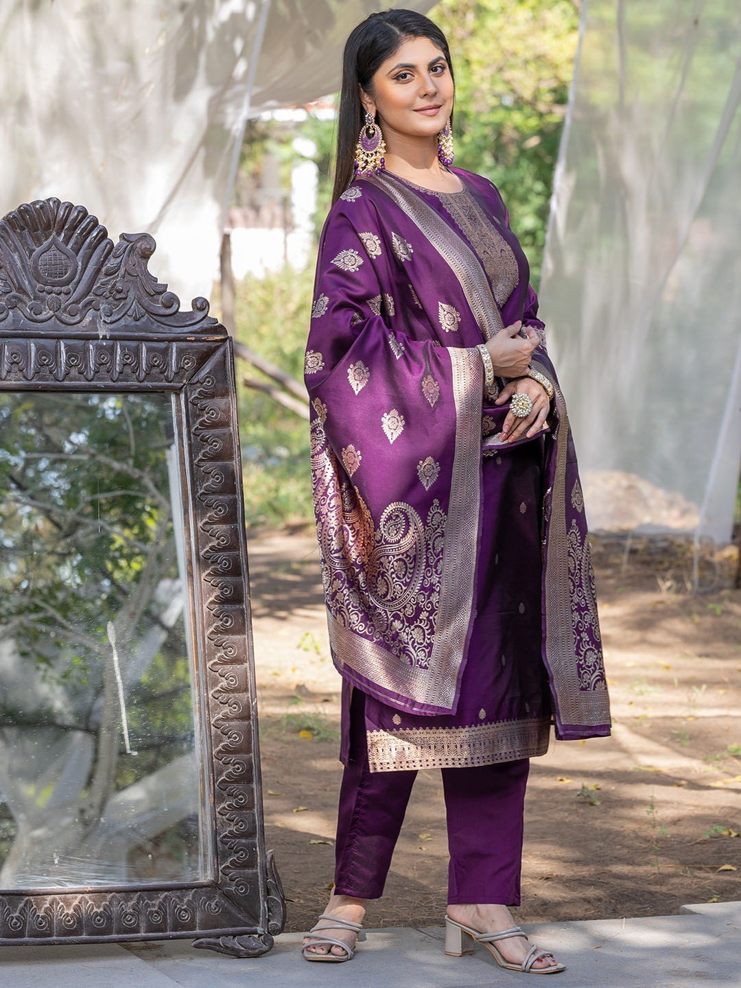 Purple silk blend jacquard kurta pant with dupatta