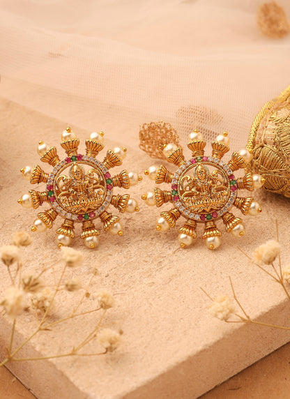 Gold Stud Earrings with Laxmi Motif