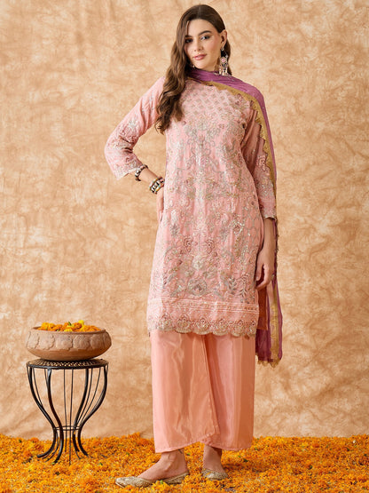 Semi Stitched Pakistani Suit in Peach Georgette