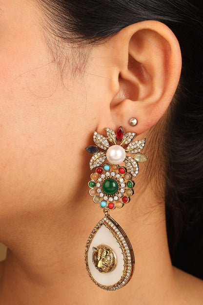 Multicoloured Statement Earrings with Pearls and Tiger Motif