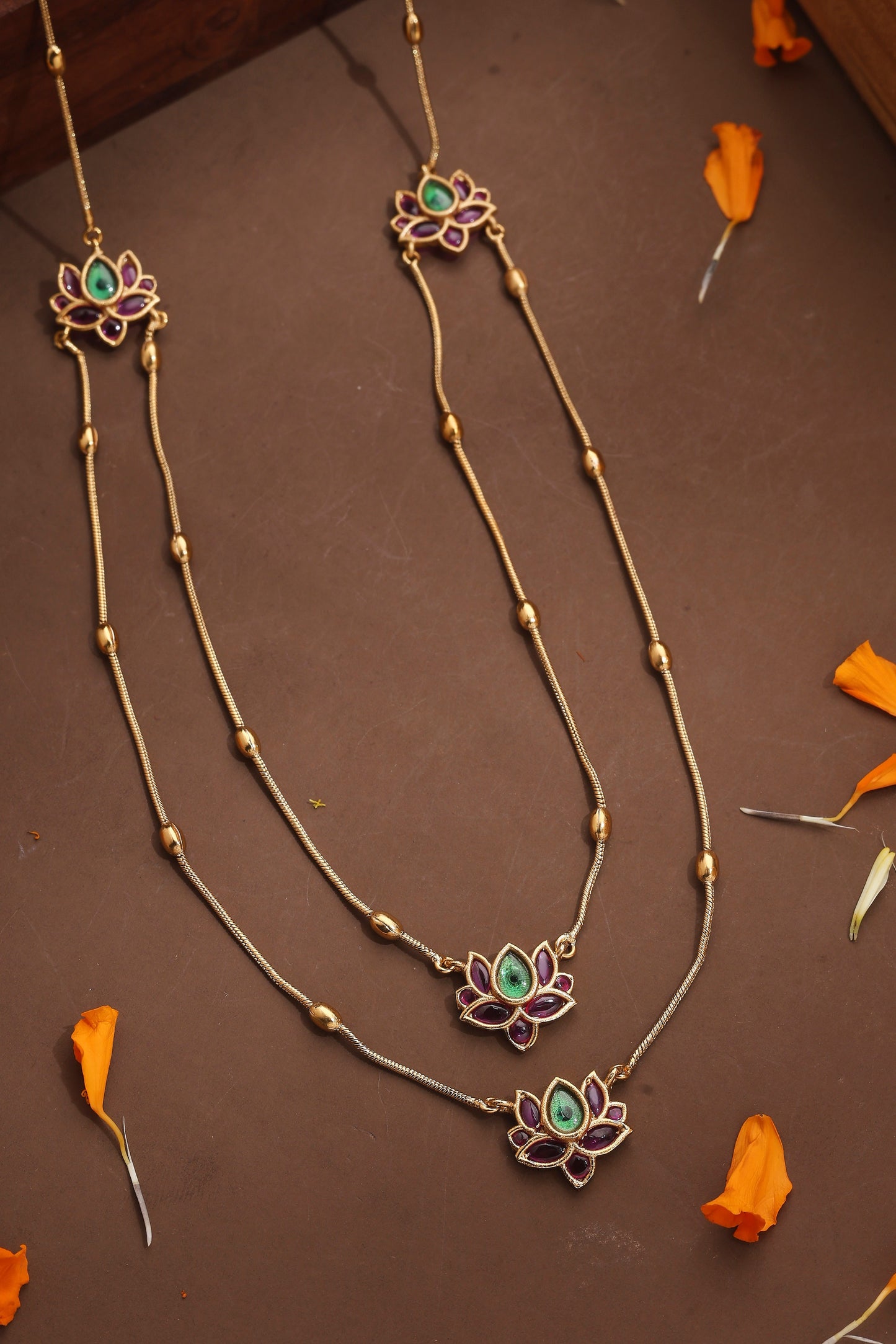 Two Layer Necklace with Lotus Motif