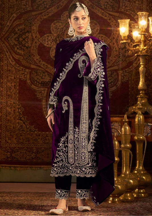 Purple Viscose Velvet Heavy Embroidery Sequins Work Kurta Set with Dupatta