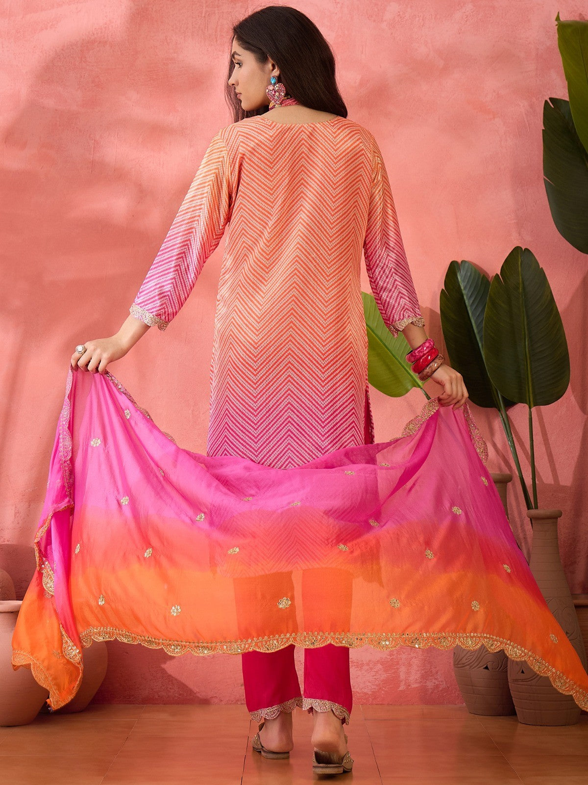 Multicolor Roman Silk Kurta with Bottom & Dupatta