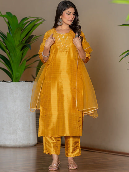 Mustard Silk Blend Embroidered Kurta Pant with Dupatta