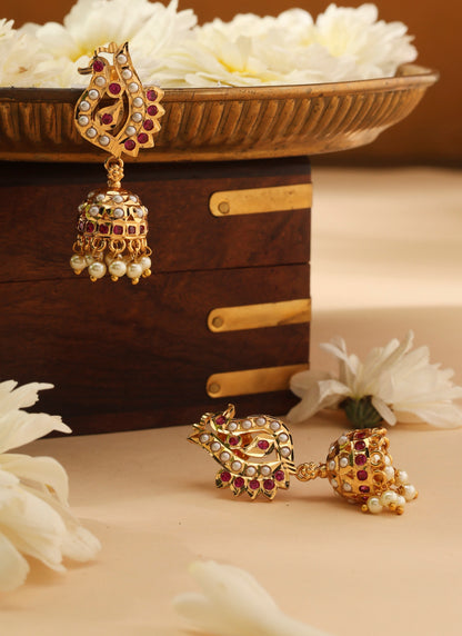 Gold Jhumkas with White and Pink Stone Accents