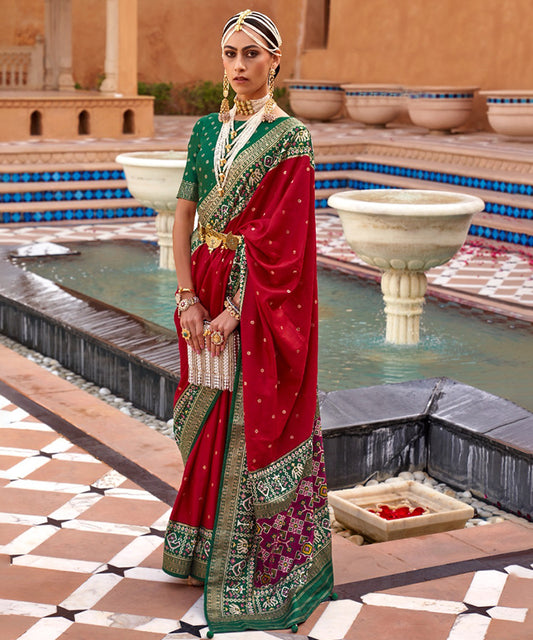 Red and Green Patola Art Silk Saree