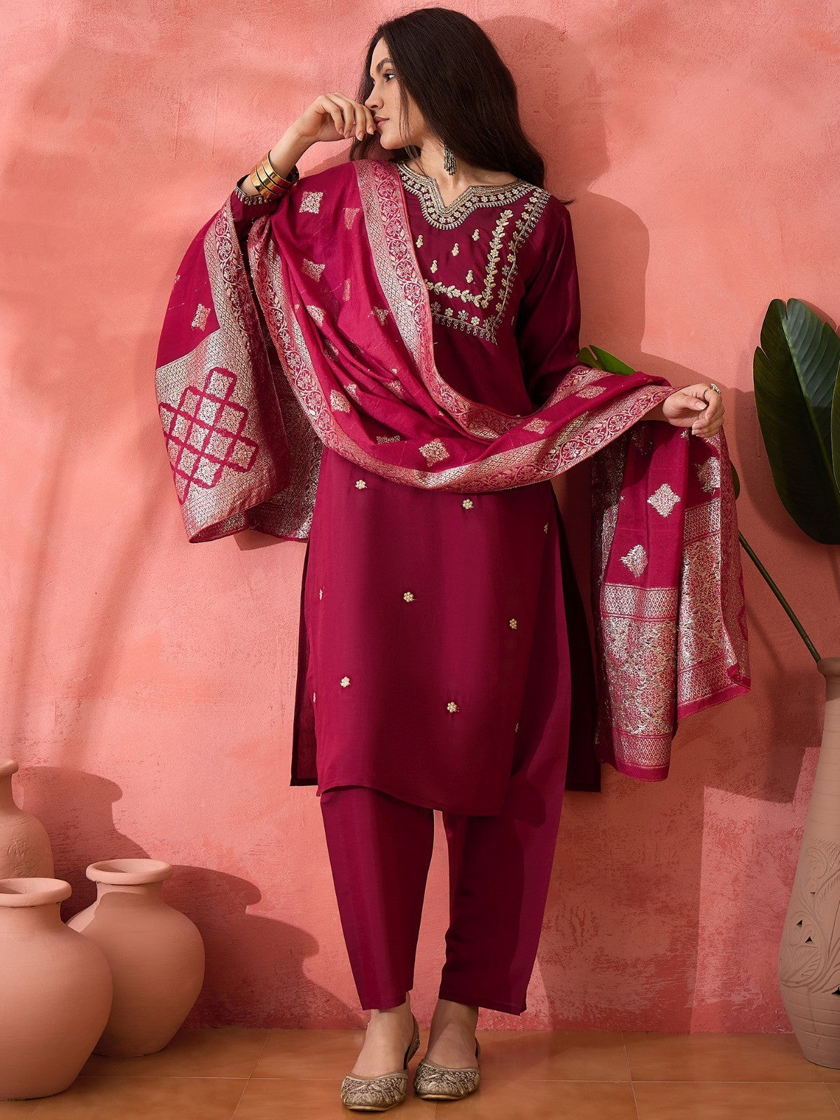 Dark Magenta Roman Silk Kurta Set