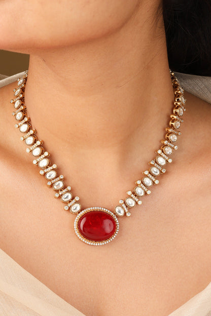 Kundan Necklace with Red Stone Pendant