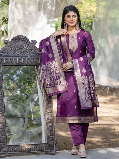 Purple silk blend jacquard kurta pant with dupatta