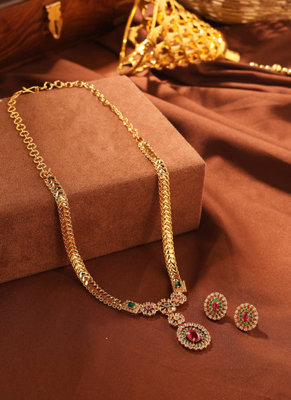 Gold Flat Chain Necklace Set with American Diamond and Green Red Stone Pendant