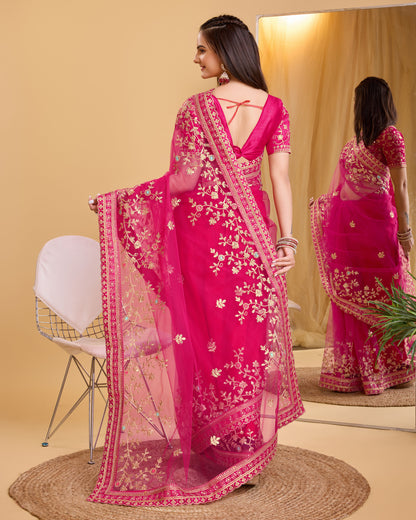 Rani Pink Soft Net Embroidered Saree