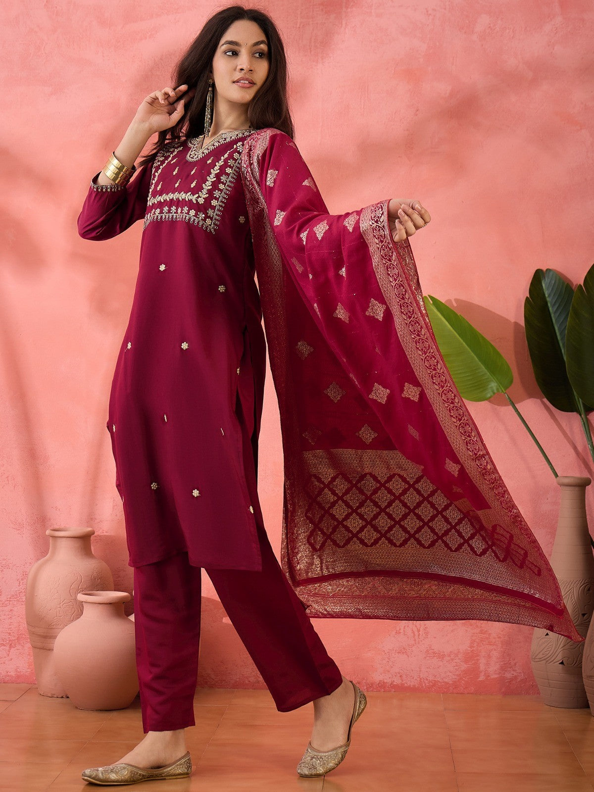 Dark Magenta Roman Silk Kurta Set