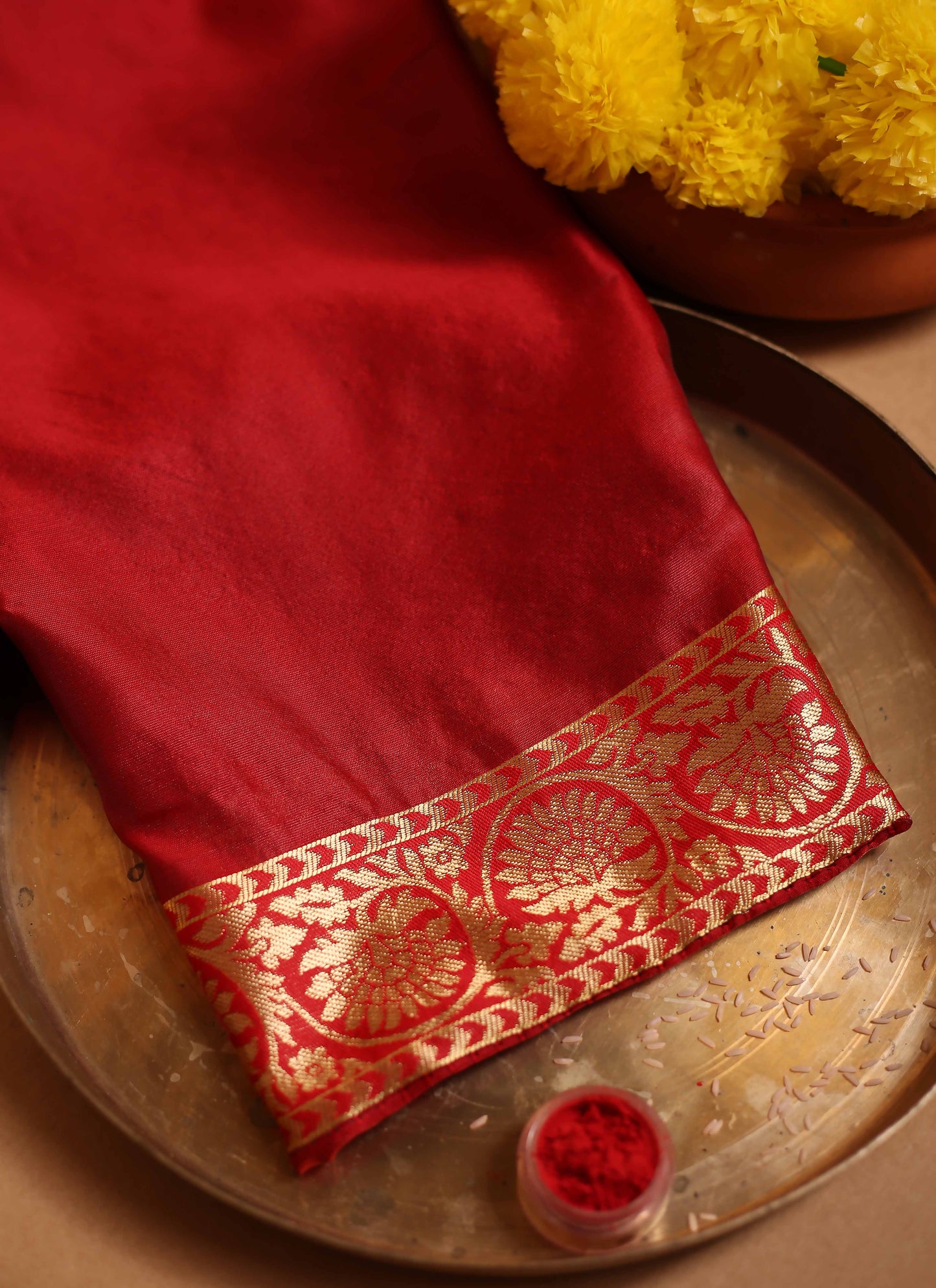 Green and Red Zari Woven Saree with Floral Motifs