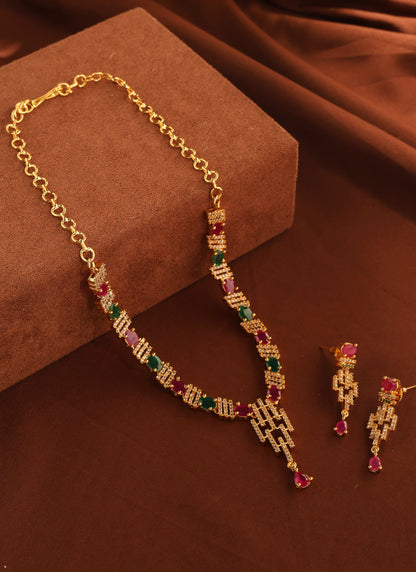 American Diamond Necklace Set with Red and Green Diamond Stones