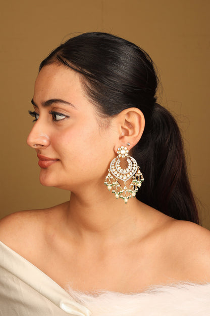 Kundan Chandbali Earrings with Pearl and Green Bead Danglers