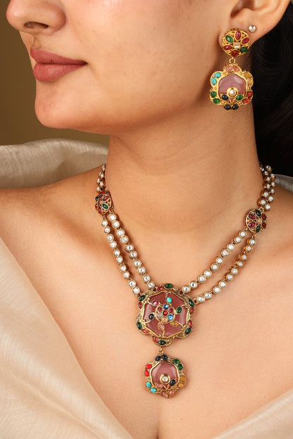 Colourful Flower Pendant Necklace with Transparent Stone Chain and Matching Earrings