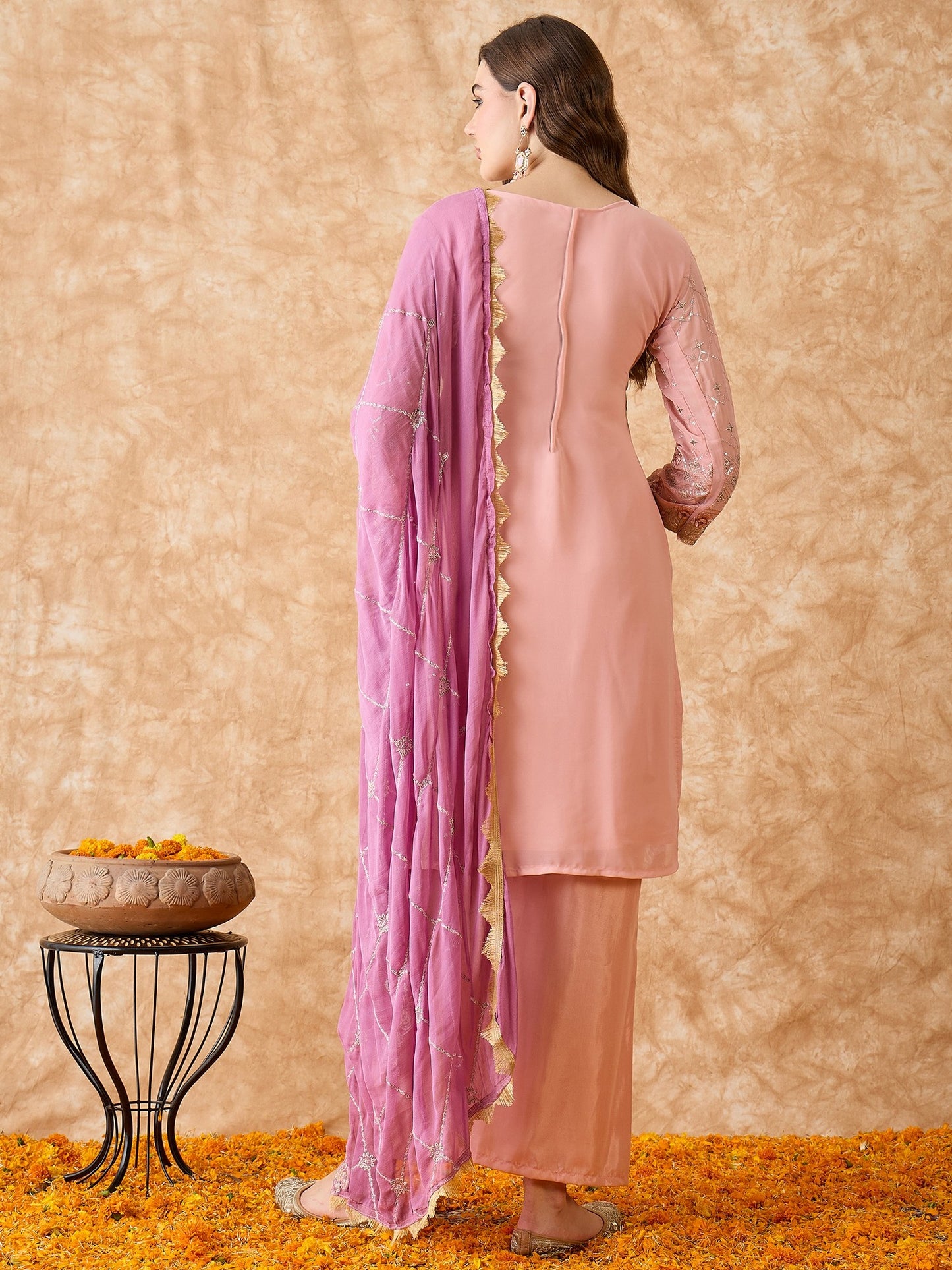 Semi Stitched Pakistani Suit in Peach Georgette