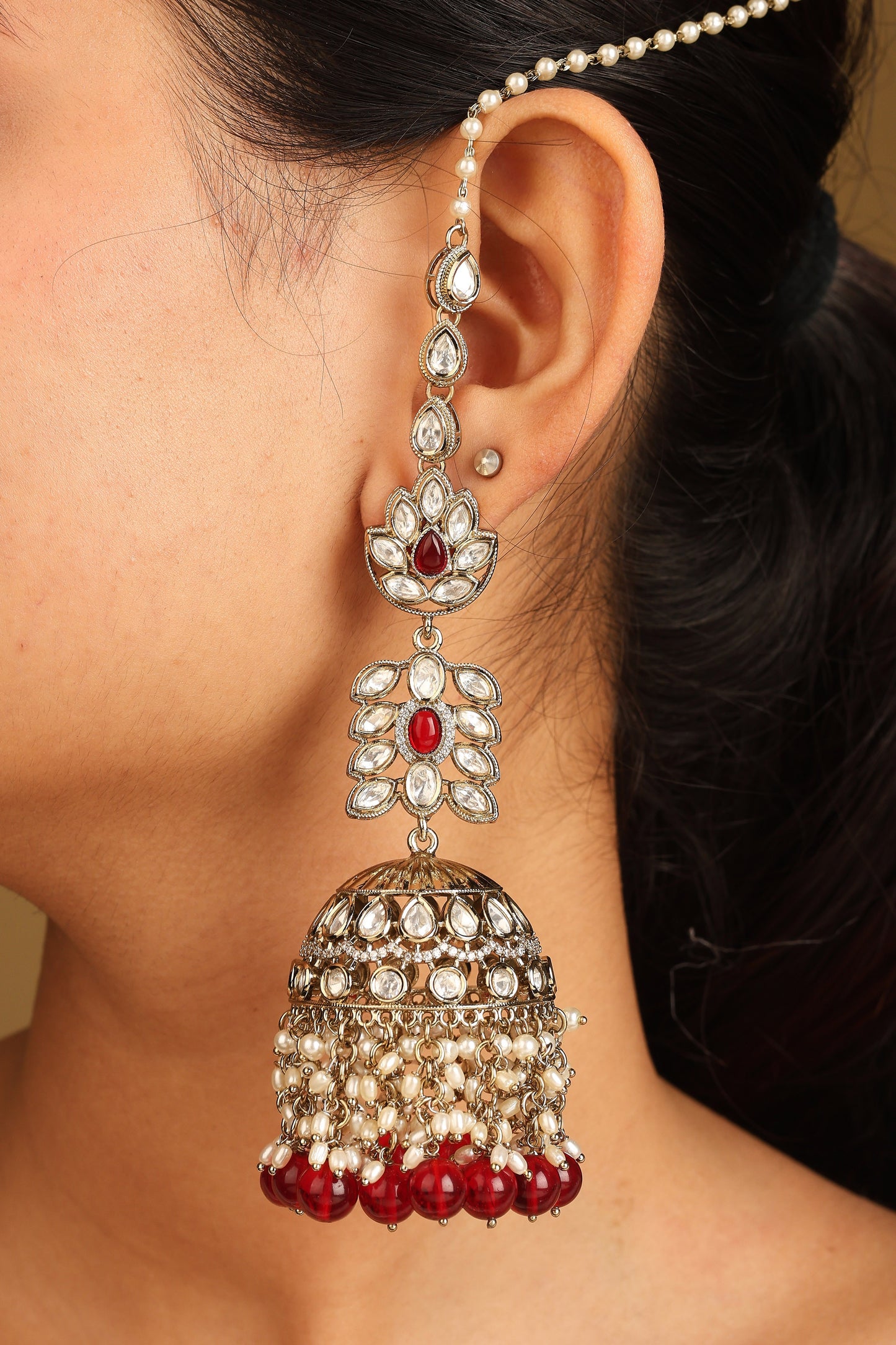 Intricate Design Jhumkas with American Diamonds and Pearls