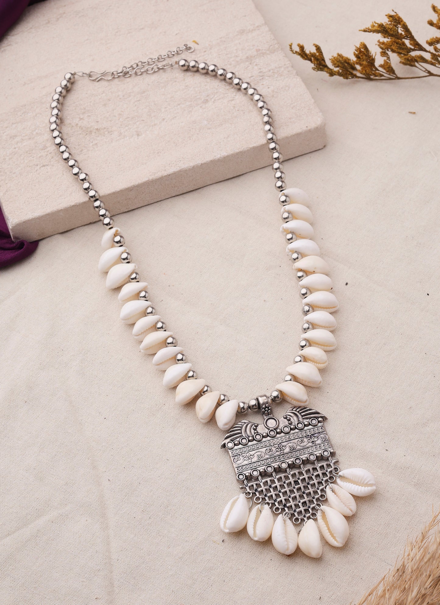 Shell Necklace with Oxidized Pendant