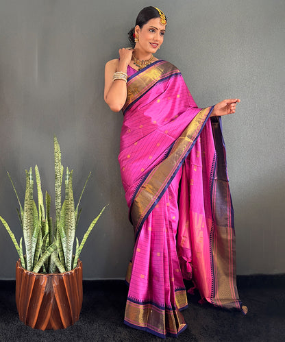 Magenta & Navy Blue Cotton Silk Saree