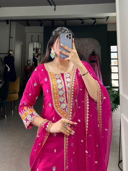 Pink Thread Embroidery Silk Blend Readymade Suit