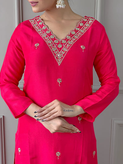 Red Women Embroidered Viscose Kurta, Pant, and Dupatta Set