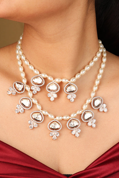 Two Layer Pearl Necklace with Kundan Stone Pendant