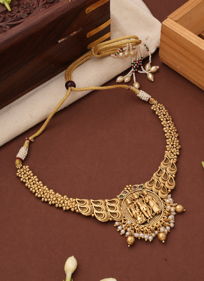 Gold Plated Temple Jewellery Necklace Set with Goddess Motif