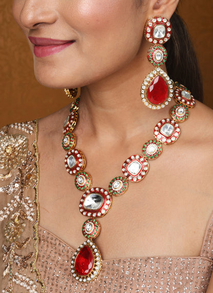 Kundan Stone Necklace Set with Red Stone Pendant