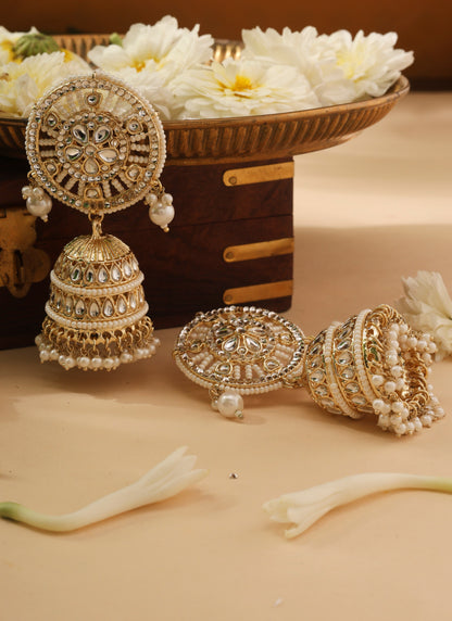 Kundan Jhumkas with White Beads and Gold Detailing