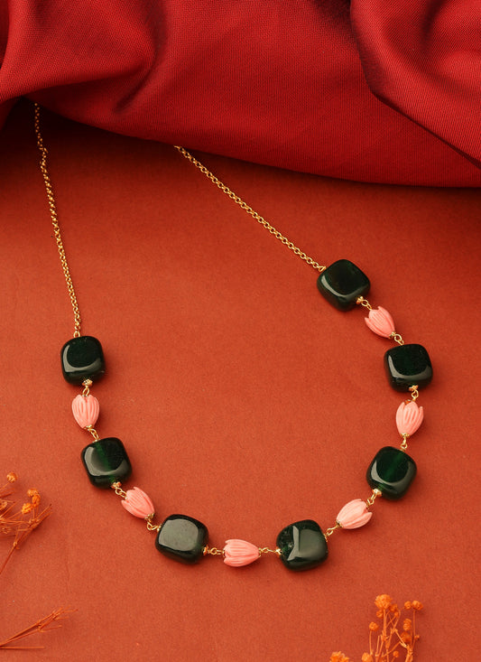 Green Stone Necklace with Rose-Shaped Beads
