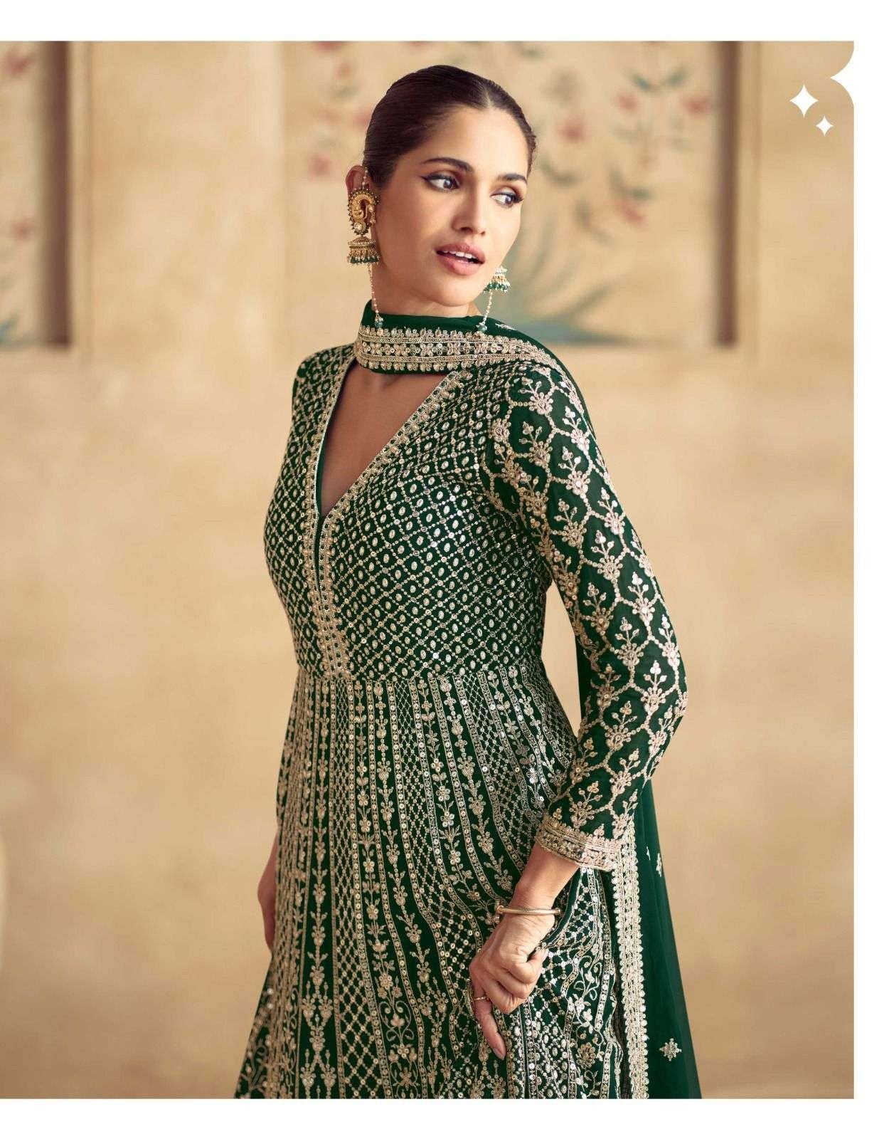 Green Viscose Velvet Heavy Embroidery Sequins Work Gown with Bottom and Dupatta