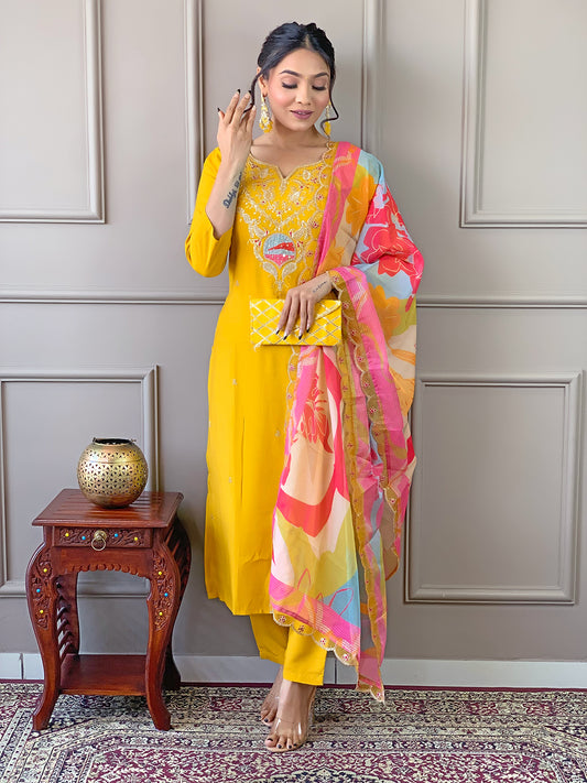 Yellow Embroidered Viscose Fabric Straight Kurta, Pant, and Dupatta Set