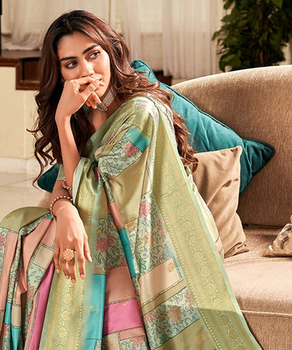 Pastel Green Banarasi Art Silk Saree with Floral & Geometric Woven Motifs