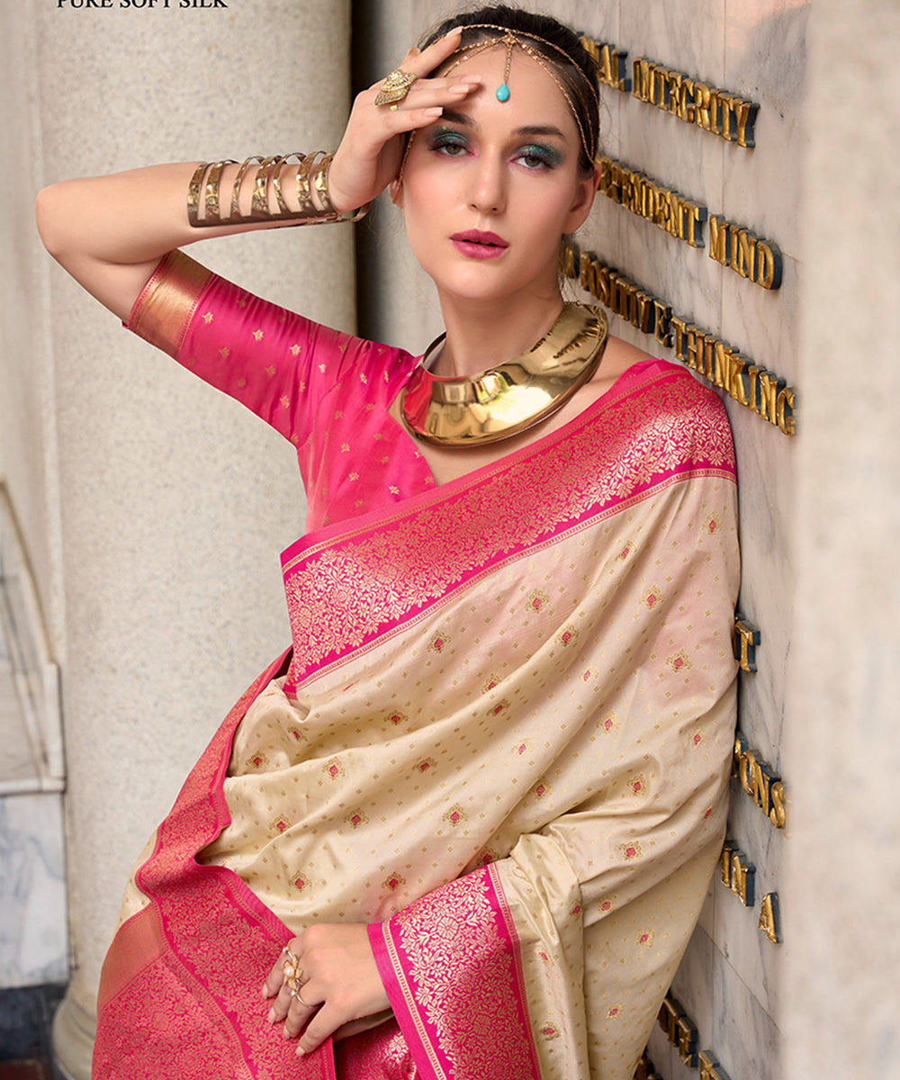 Royal Ivory & Pink Banarasi Art Silk Saree