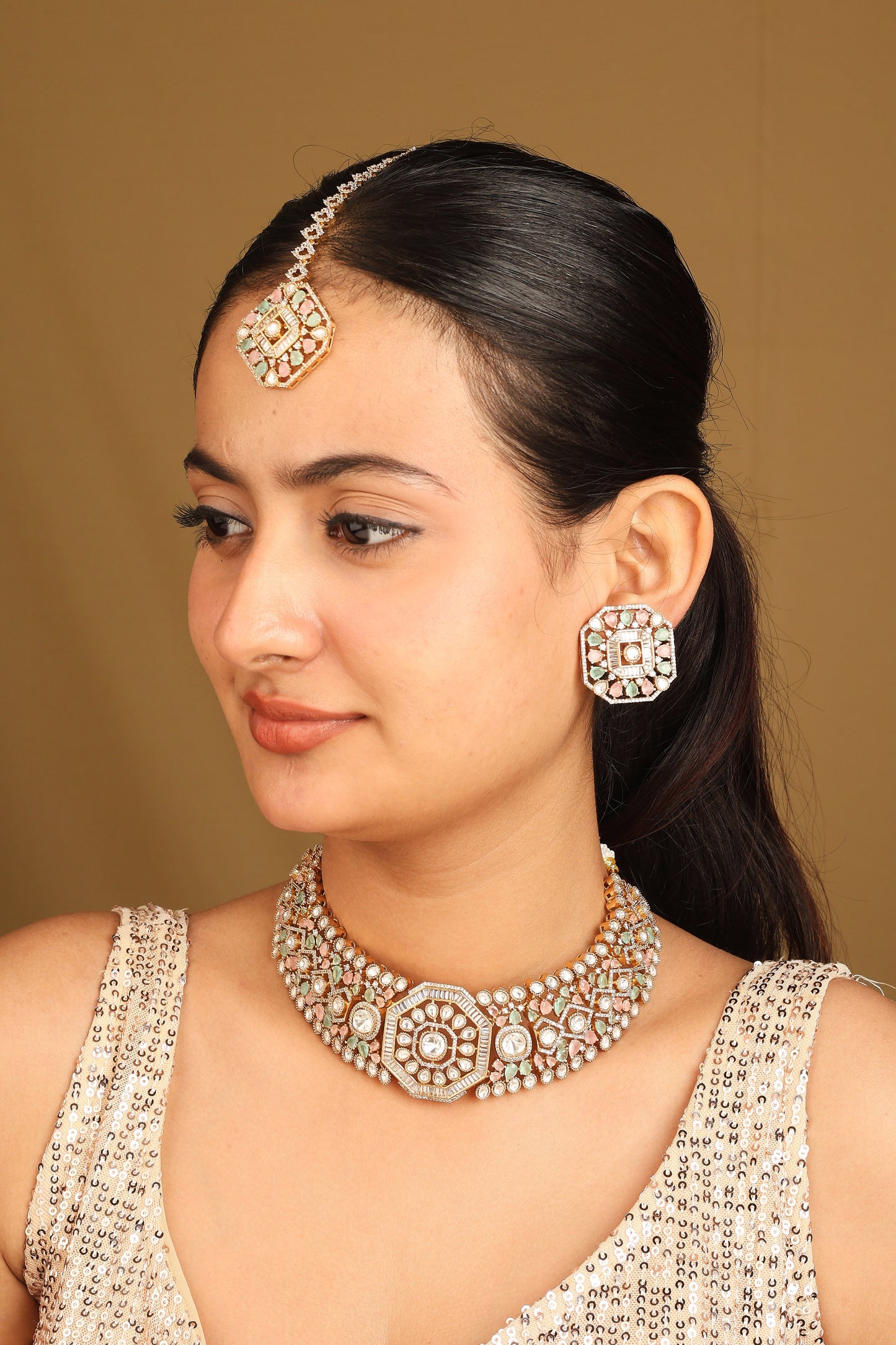 Pastel Kundan Choker Set with Maang Tikka