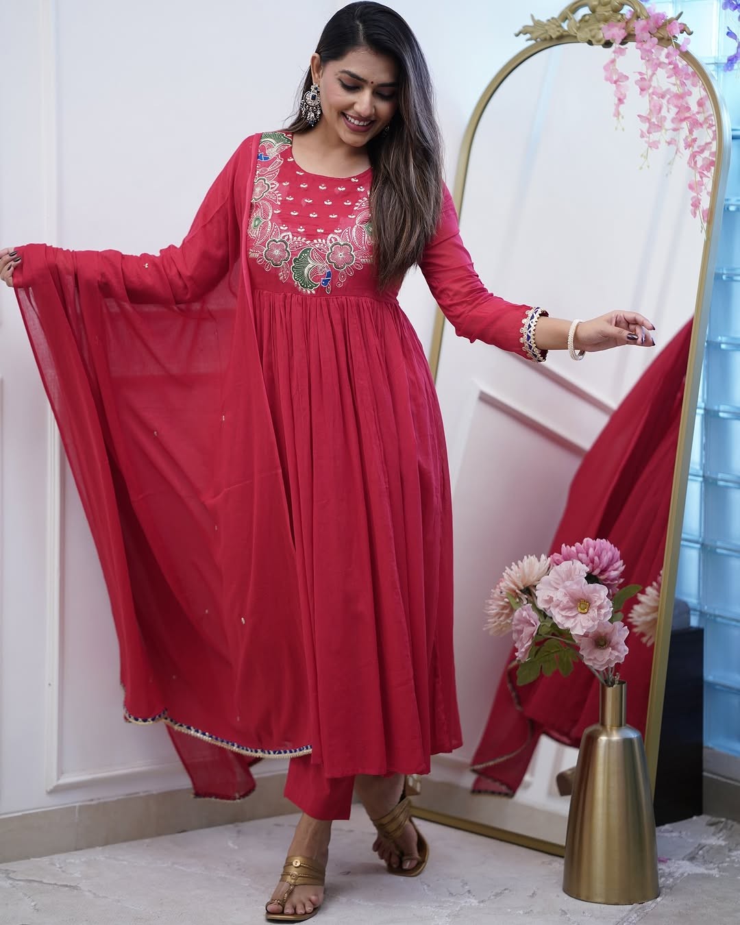 Red Embroidery Sequins Work Cotton Kurta Set with Dupatta