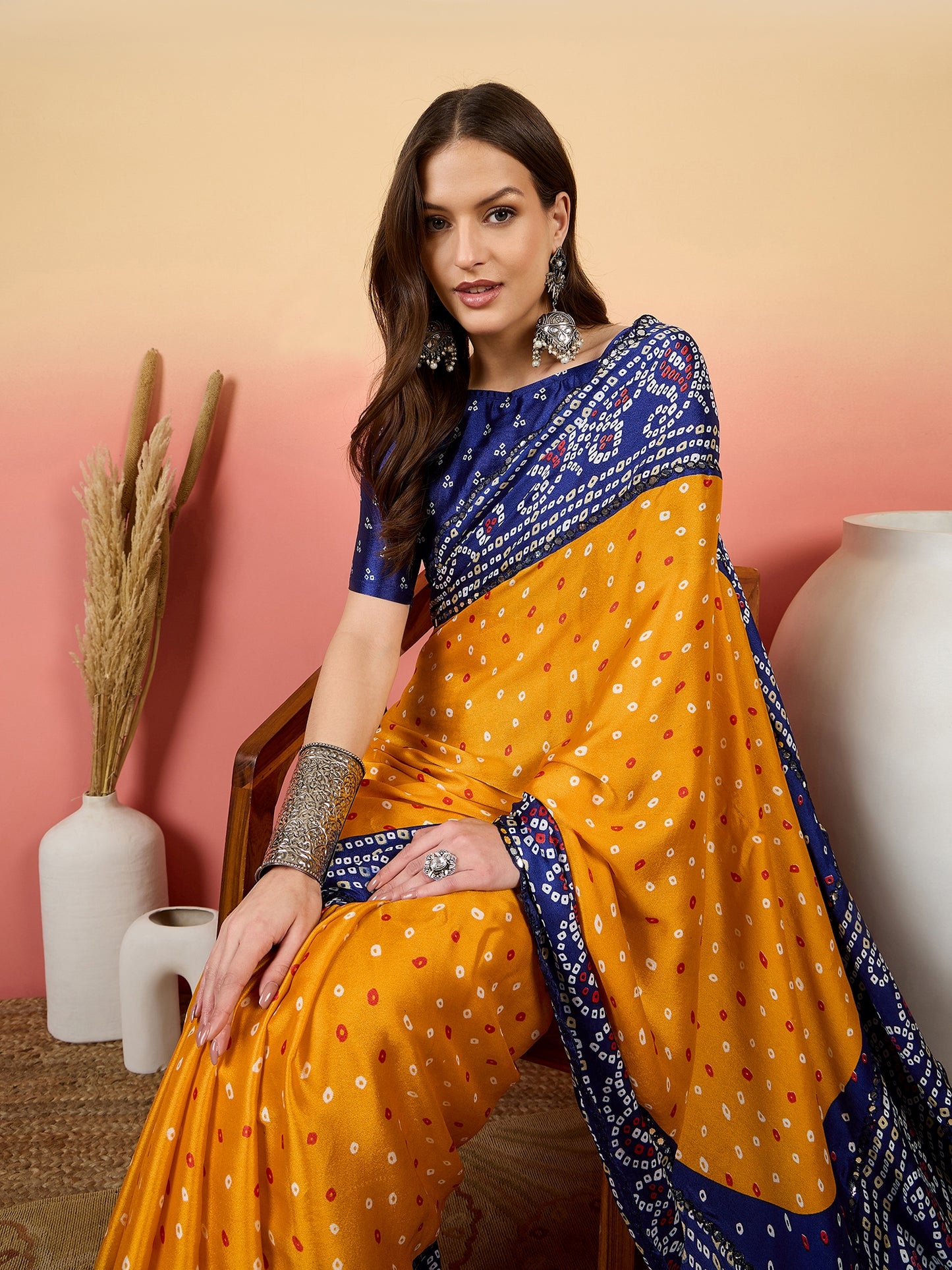 Golden Mustard Bandhani Silk Saree with a Traditional Touch